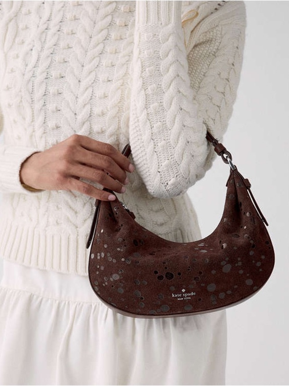 Kate Spade Selene Suede Dots Shoulder Bag Hot Fudge - Picture 2 of 5